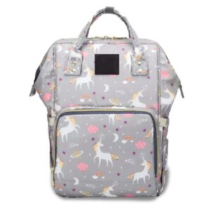 Grey baby backpack with unicorn print and waterproof lining