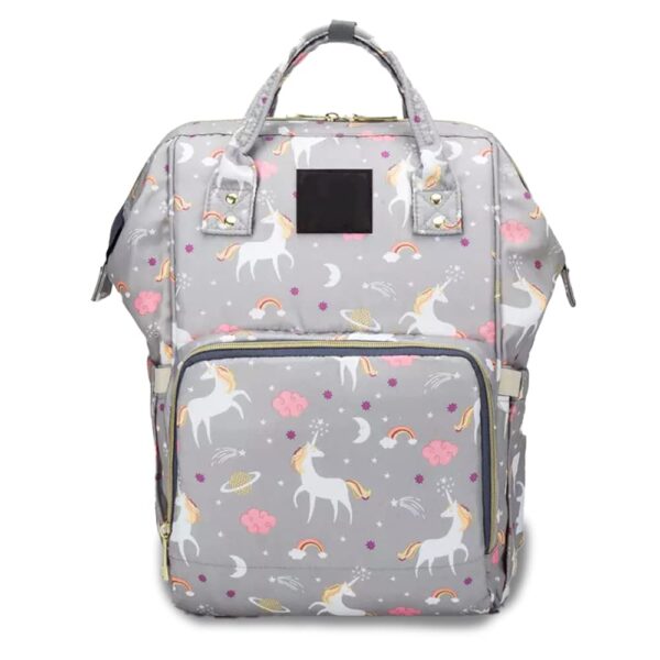 Grey baby backpack with unicorn print and waterproof lining