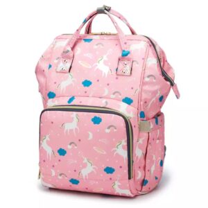 Cute pink diaper backpack with unicorn design and insulated bottle holders