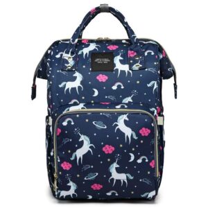 Blue diaper bag with unicorn print and insulated bottle holders