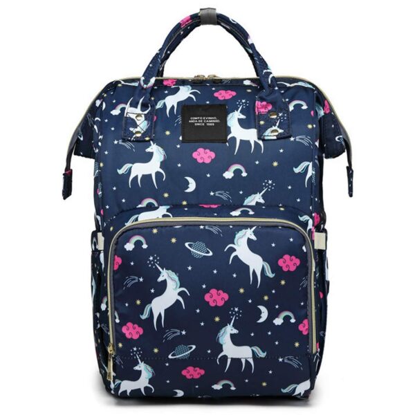 Blue diaper bag with unicorn print and insulated bottle holders