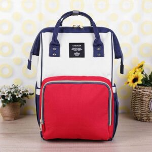 Red and navy blue Lequeen baby diaper bag
