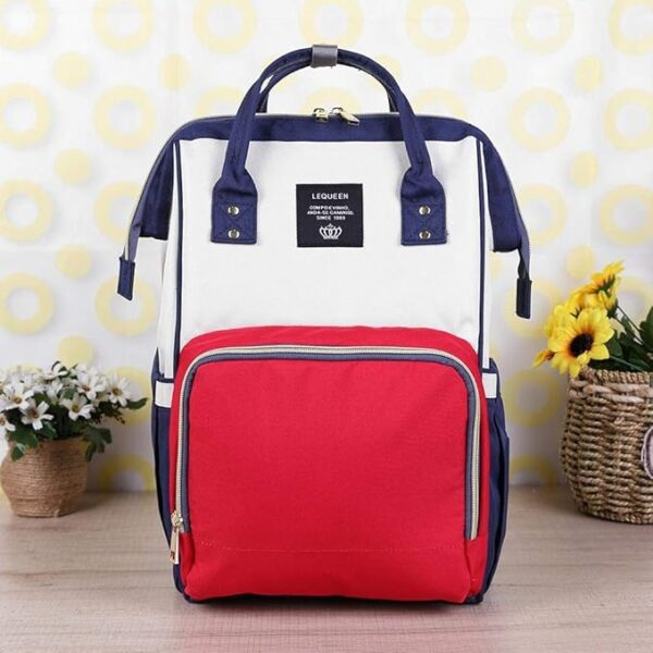 Red and navy blue Lequeen baby diaper bag