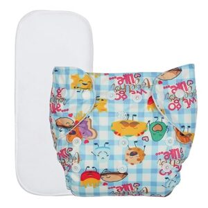 Blue check baby cloth diaper with food cartoon characters Food-themed blue cloth diaper with reusable insert