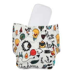 Cloth diaper with cozy home-themed illustrations