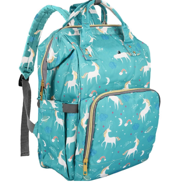 Teal baby diaper bag with unicorn print and side pockets