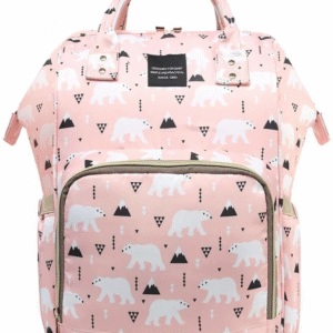 Blush pink baby diaper bag with bear print and multiple compartments