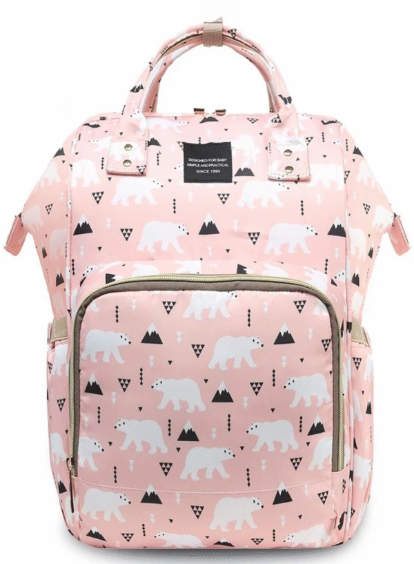 Blush pink baby diaper bag with bear print and multiple compartments