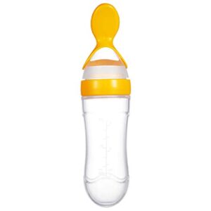 Yellow silicone squeeze bottle with soft spoon for baby feeding