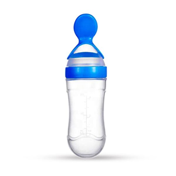 Blue silicone baby feeding bottle with soft spoon for safe feeding