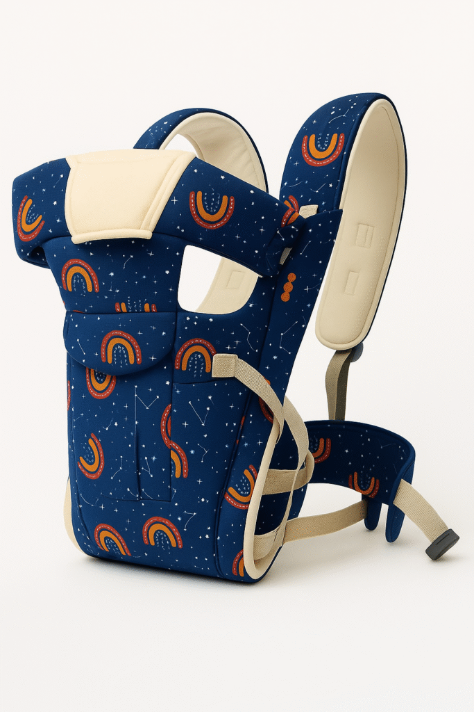 Printed 4-in-1 Baby Carrier with cute rainbow, giraffe, or cloud design – ergonomic and breathable.