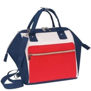 Red, white and navy blue diaper bag with shoulder strap and zip closure