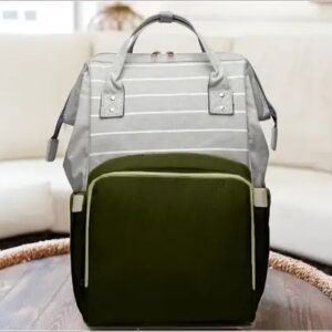 Olive green and grey striped baby diaper bag with large front pocket and shoulder handles