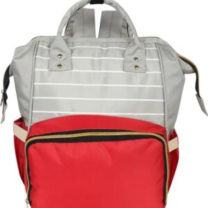 Red and grey striped diaper backpack with insulated front pocket