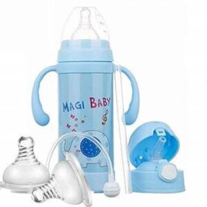 Printed blue stainless steel baby feeding bottle with anti-colic nipple and cartoon design.