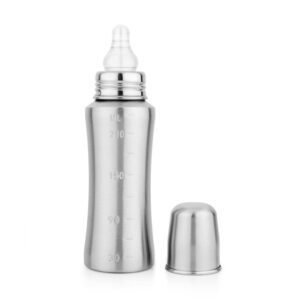 Stainless steel baby feeding bottle with engraved measurement markings