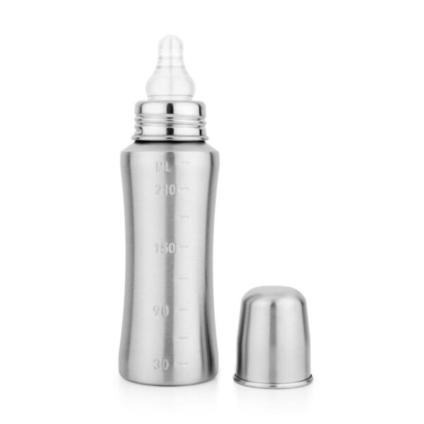 Stainless steel baby feeding bottle with engraved measurement markings