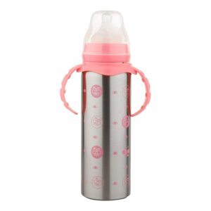 Pink 4-in-1 stainless steel baby feeding bottle with anti-colic silicone nipple.