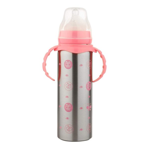 Pink 4-in-1 stainless steel baby feeding bottle with anti-colic silicone nipple.