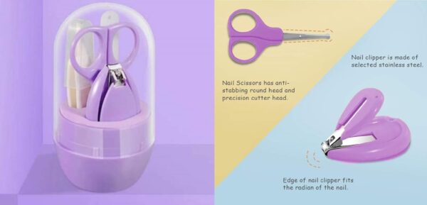 Baby Nail Care Kit – 4 in 1 Baby Grooming Set with Scissors, Clipper, File & Tweezer (Purple) - Image 2