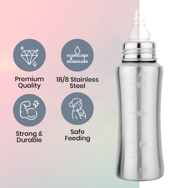 250 ml Stainless Steel Baby Feeding Bottle – 304 Grade, Silicone Nipple - Image 2