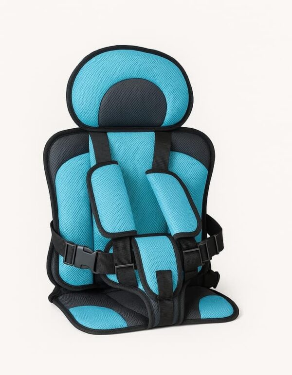 Blue cushioned baby car seat with breathable fabric and ergonomic support