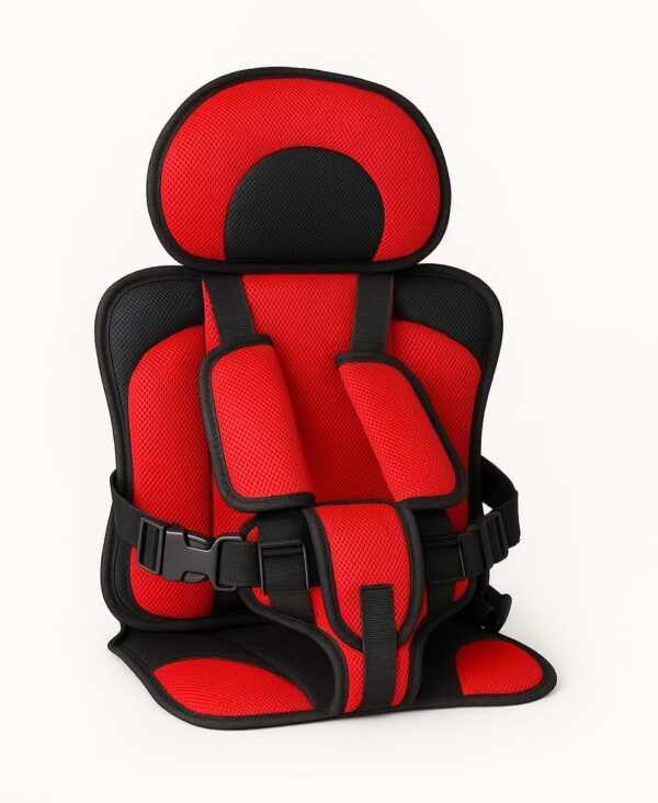 Red cushioned baby car seat with 5-point harness and padded seat