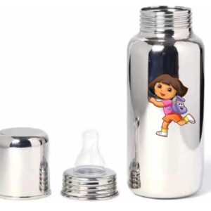 Stainless steel baby feeding bottle with cartoon print and anti-colic silicone nipple