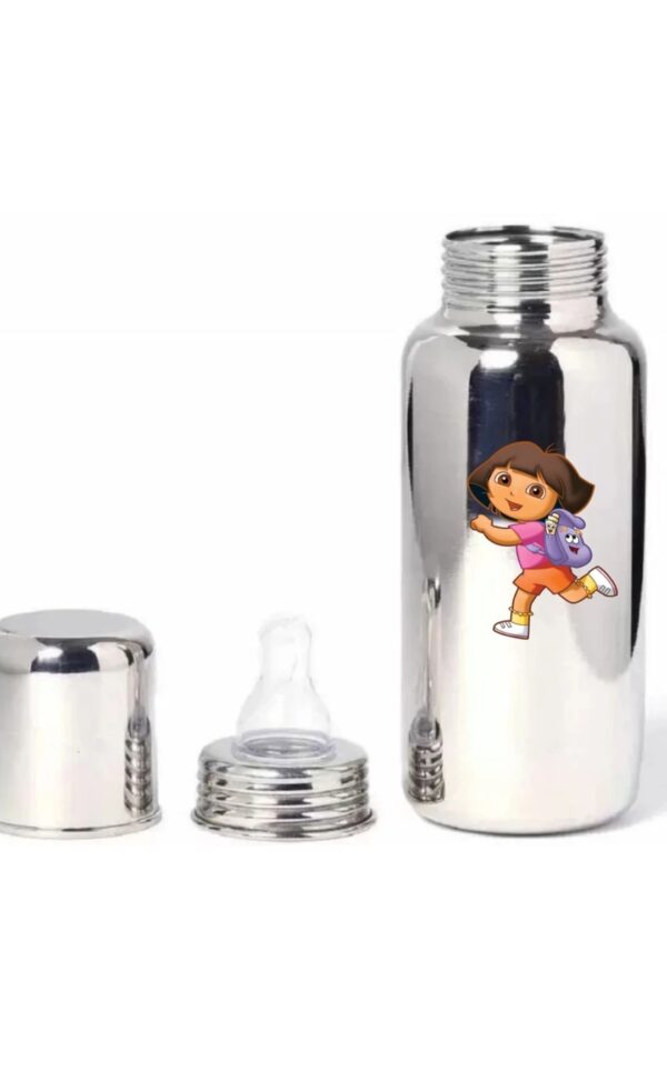 Stainless steel baby feeding bottle with cartoon print and anti-colic silicone nipple