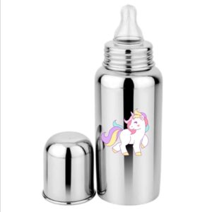 Stainless steel baby feeding bottle with unicorn print and anti-colic silicone nipple