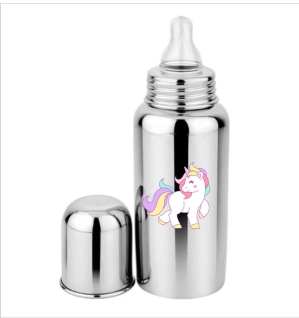 Stainless steel baby feeding bottle with unicorn print and anti-colic silicone nipple