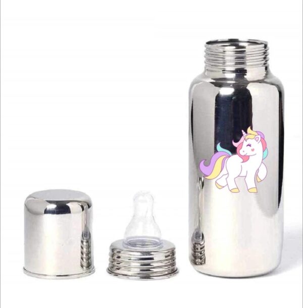 250 ml Stainless Steel Baby Feeding Bottle – 304 Grade, Anti-Colic Silicone Nipple (Unicorn print) - Image 2