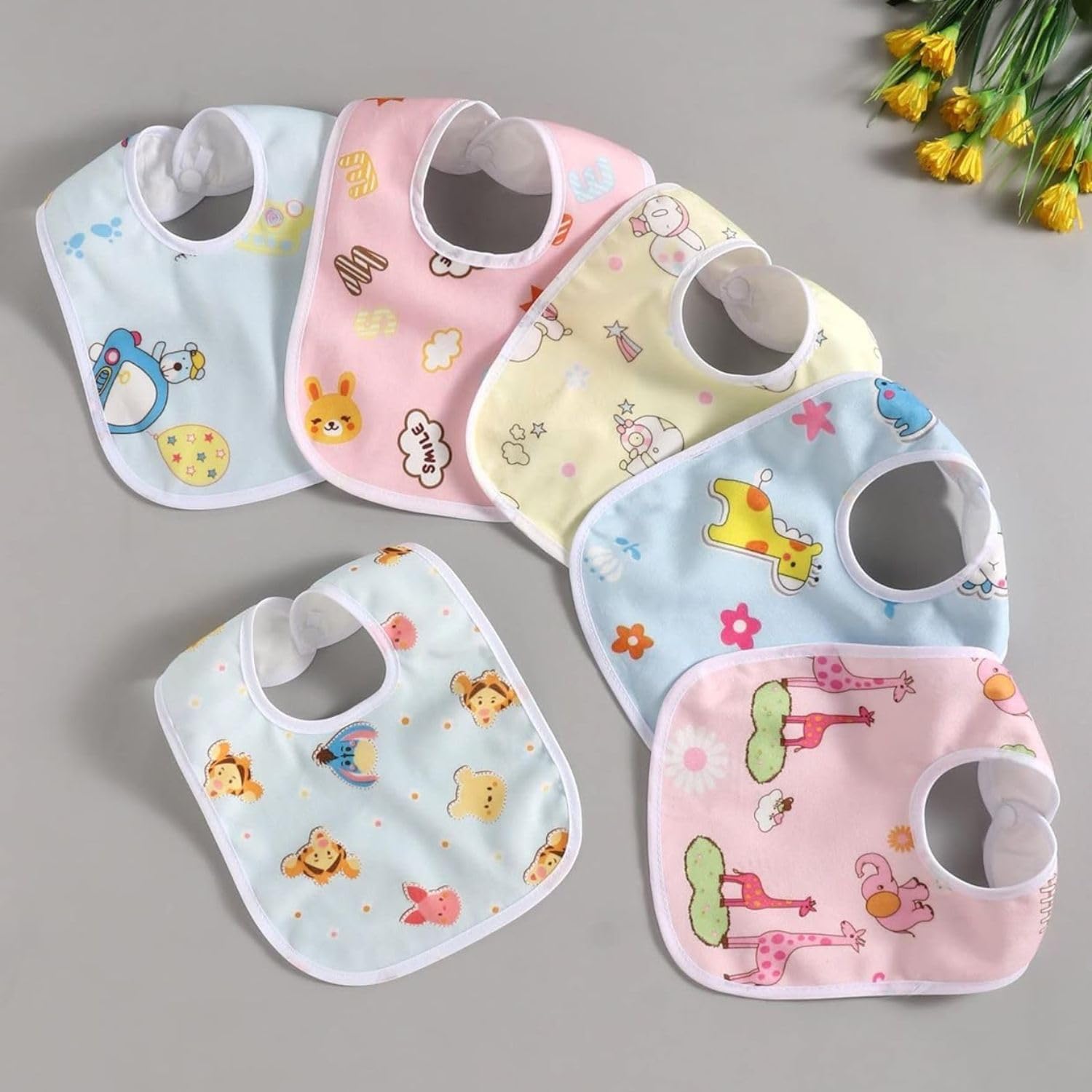 Baby Bibs Set of 6 – Cute Cotton Waterproof Feeding Bibs for Babies